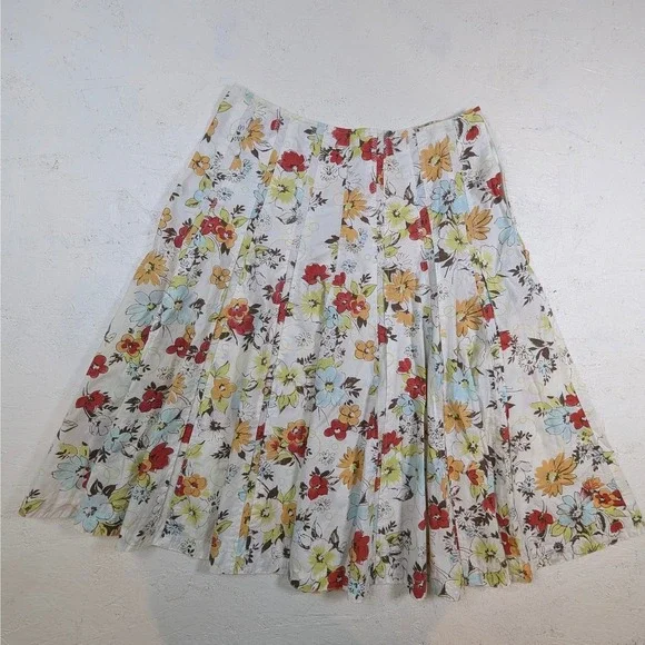 Floral Pleated A-Line Midi Skirt‎ – Women's 4 White Red Yellow Blue - Picture 8 of 9